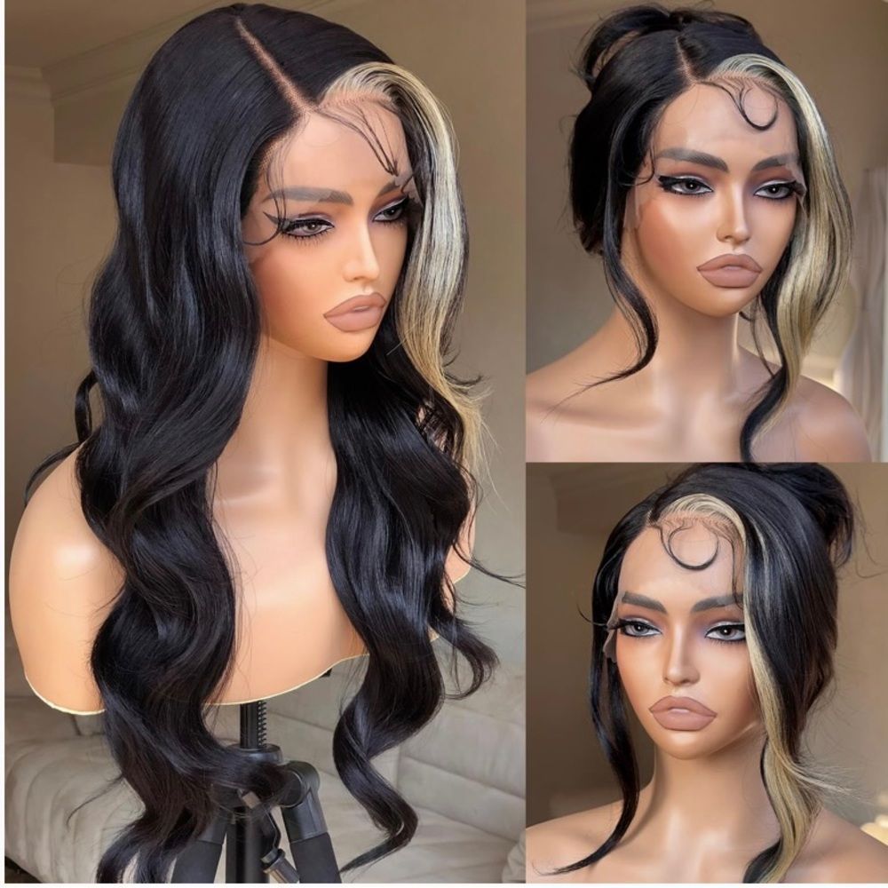 Celebrity| Black and Blonde Skunk Stripe Lace Front Wig 24inch